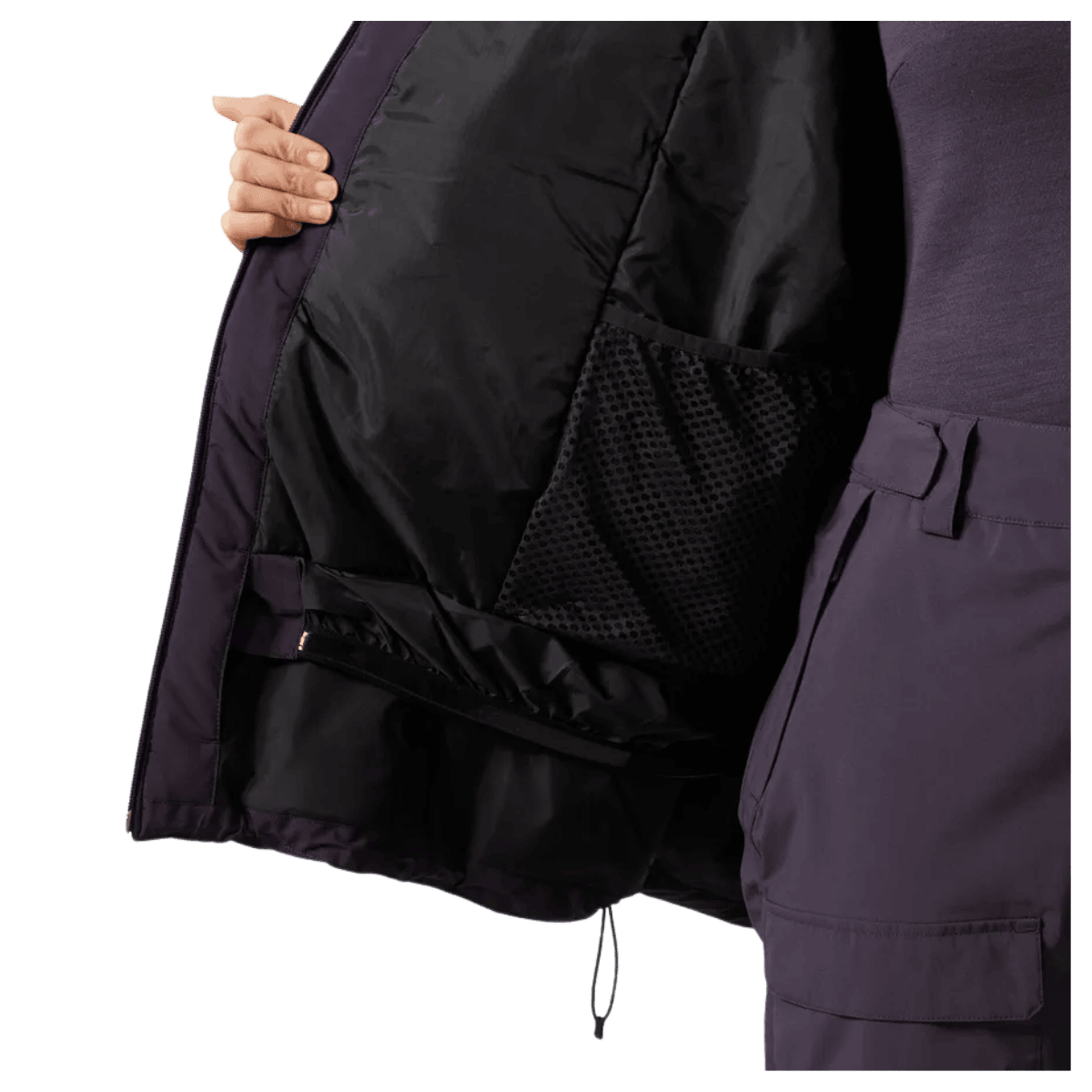 HELLY HANSEN WOMEN'S POWCHASER ASYMMETRIC SKI JACKET - BLACK GRAPE - INSIDE POCKET