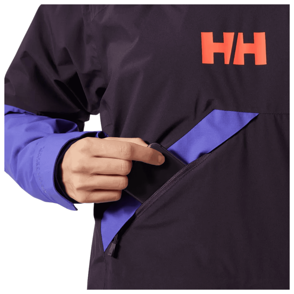 HELLY HANSEN WOMEN'S POWCHASER ASYMMETRIC SKI JACKET - BLACK GRAPE - RIGHT POCKET