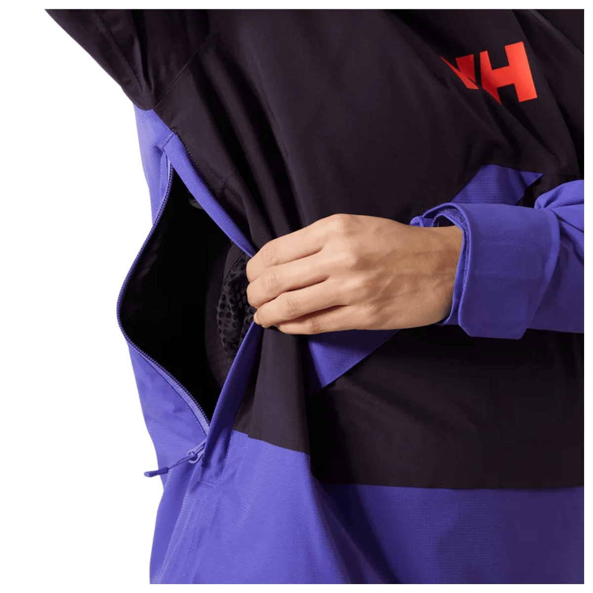 HELLY HANSEN WOMEN'S POWCHASER ASYMMETRIC SKI JACKET - BLACK GRAPE - SIDE POCKET