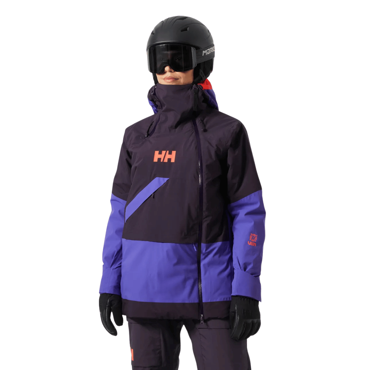 HELLY HANSEN POWCHASER WOMENS ASYMMETRIC SKI JACKET - BLACK GRAPE_FRONT ANGLE MODEL