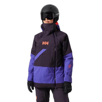 HELLY HANSEN POWCHASER WOMENS ASYMMETRIC SKI JACKET - BLACK GRAPE_FRONT ANGLE MODEL