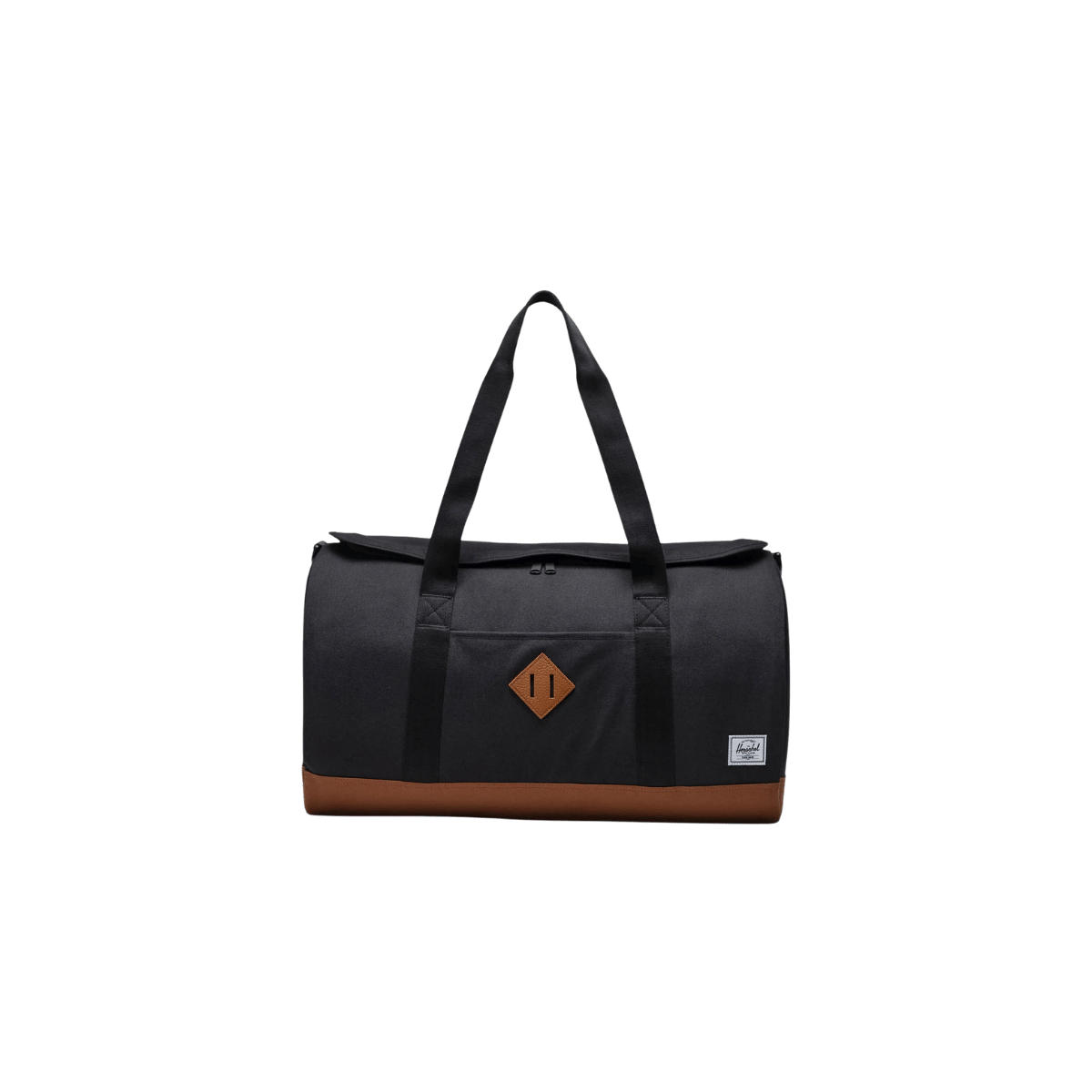 HERSCHEL SUPPLY CO HERITAGE DUFFLE, BLACK SADDLE BROWN, 40L, FRONT ANGLE, LOGO