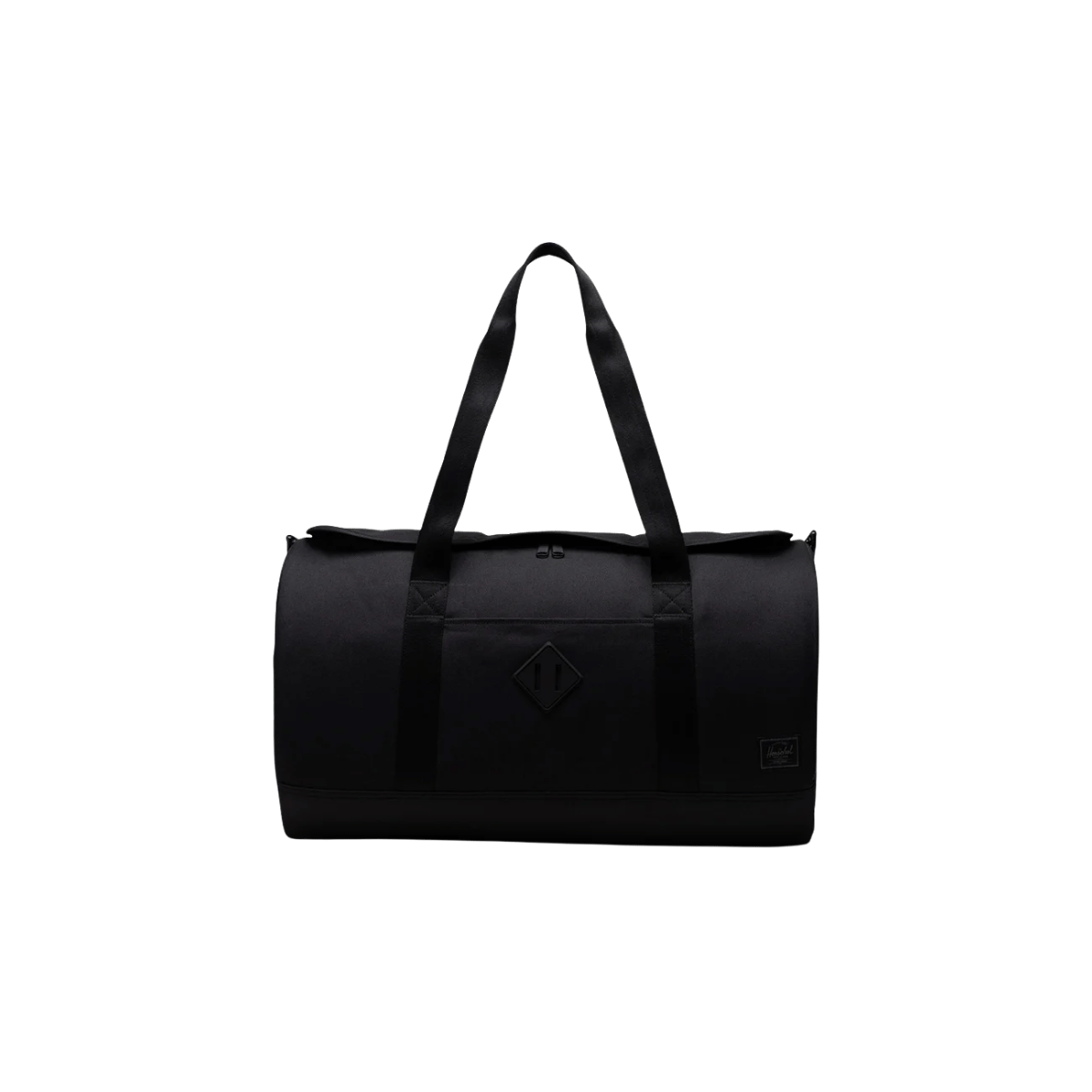 HERSCHEL SUPPLY CO HERITAGE DUFFLE, BLACK TONAL, 40L, FRONT ANGLE, LOGO