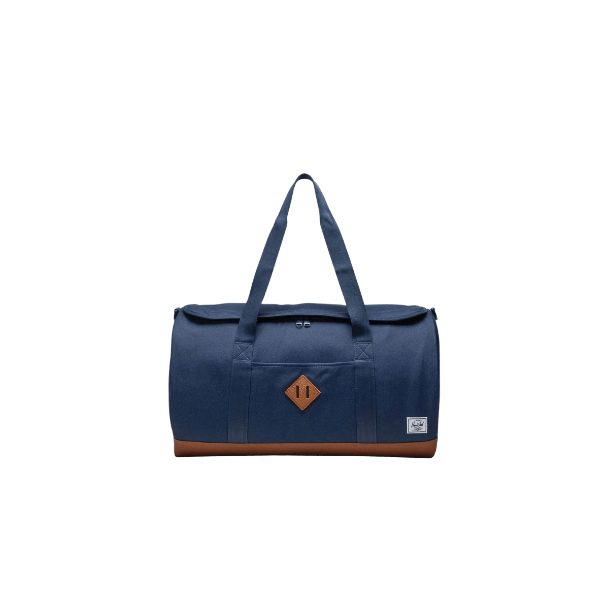 HERSCHEL SUPPLY CO HERITAGE DUFFLE, NAVY SADDLE BROWN, 40L, FRONT ANGLE, LOGO