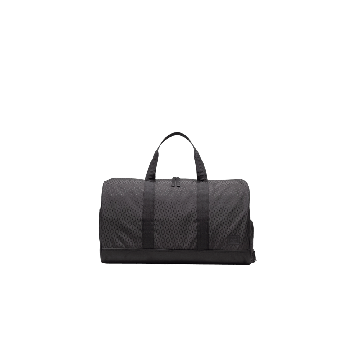 HERSCHEL SUPPLY CO NOVEL DUFFLE 43L, BLACK DIAMOND BLACK, FRONT ANGLE, LOGO