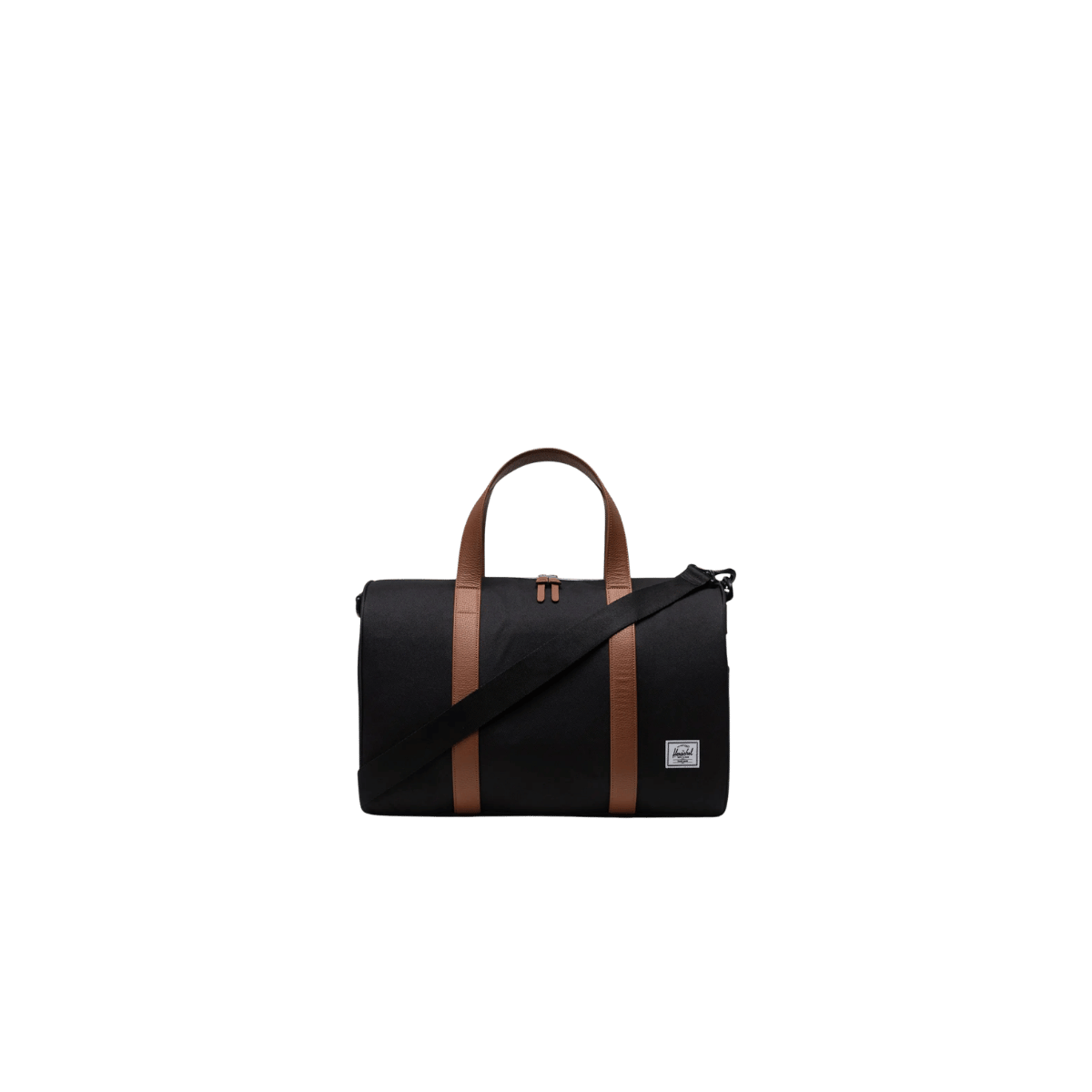 HERSCHEL SUPPLY CO NOVEL DUFFLE CARRY-ON 26.5L, BLACK, FRONT ANGLE, LOGO