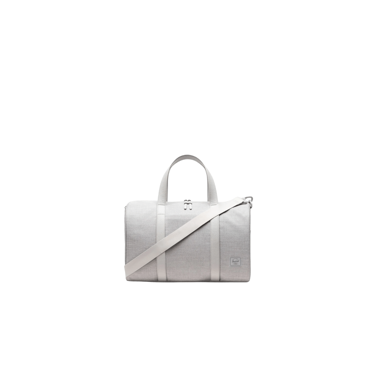 HERSCHEL SUPPLY CO NOVEL DUFFLE CARRY-ON 26.5L, GREY CROSSHATCH, FRONT ANGLE, LOGO