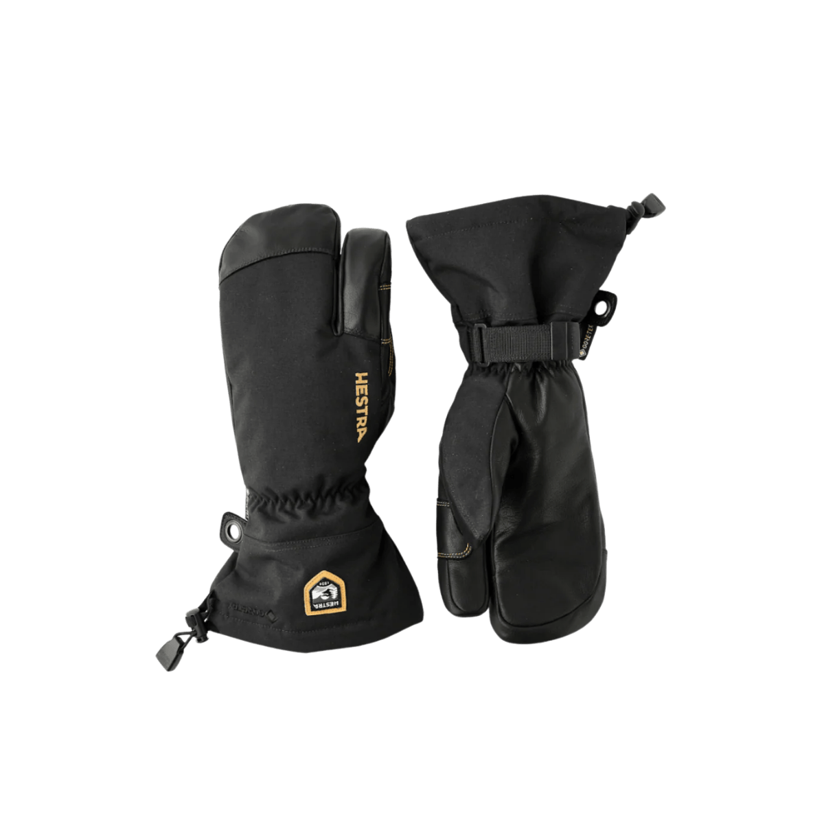 HESTRA ARMY LEATHER GORE-TEX 3-FINGER - BLACK - FRONT/BACK VIEW