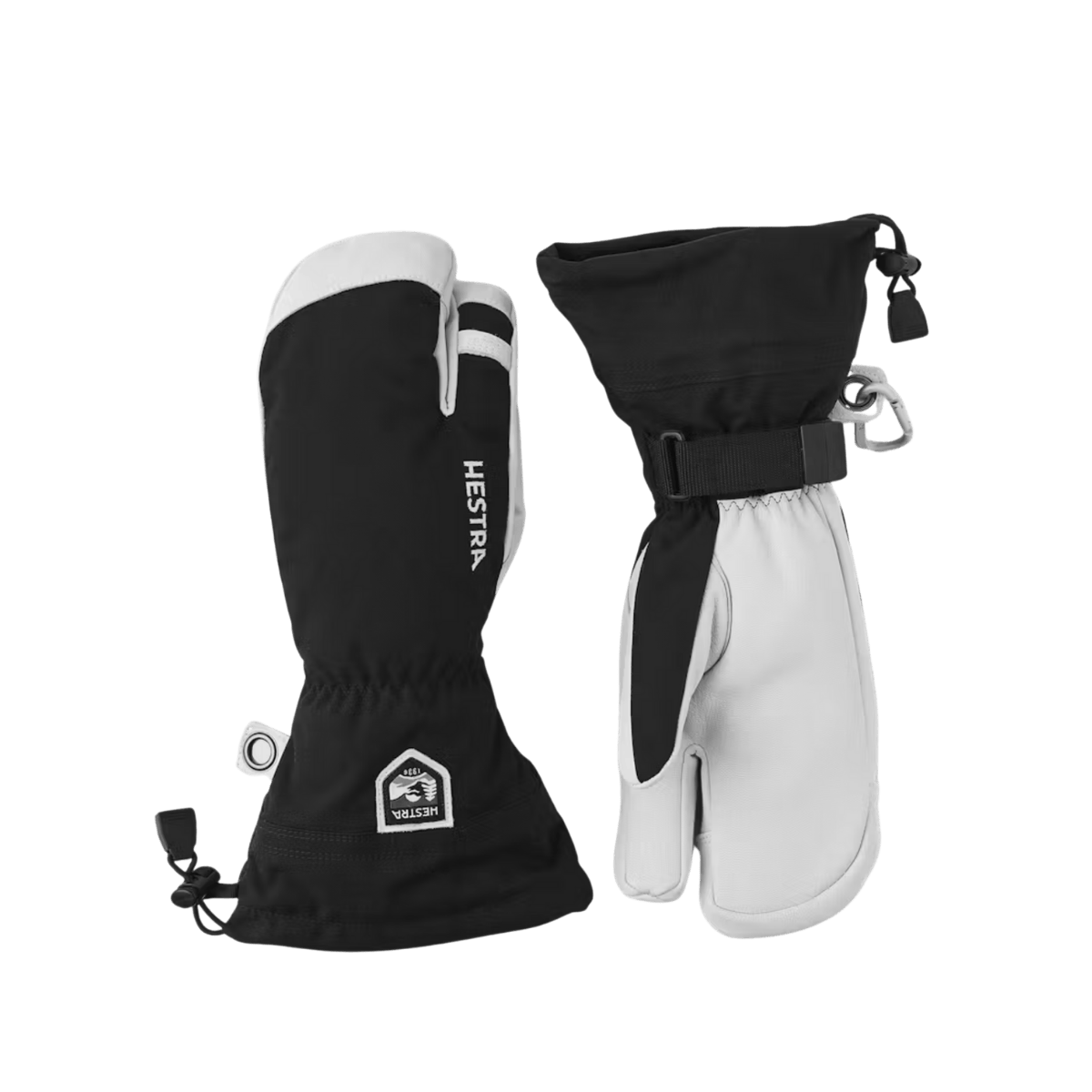 HESTRA ARMY LEATHER HELI SKI 3 FINGER - BLACK - FRONT/BACK VIEW