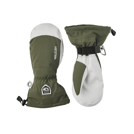 HESTRA ARMY LEATHER HELI SKI MITT - OLIVE - FRONT/BACK VIEW