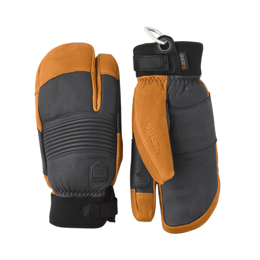 HESTRA MEN'S FREERIDE CZONE 3-FINGER MITT - GREY/CORK - FRONT/BACK VIEW