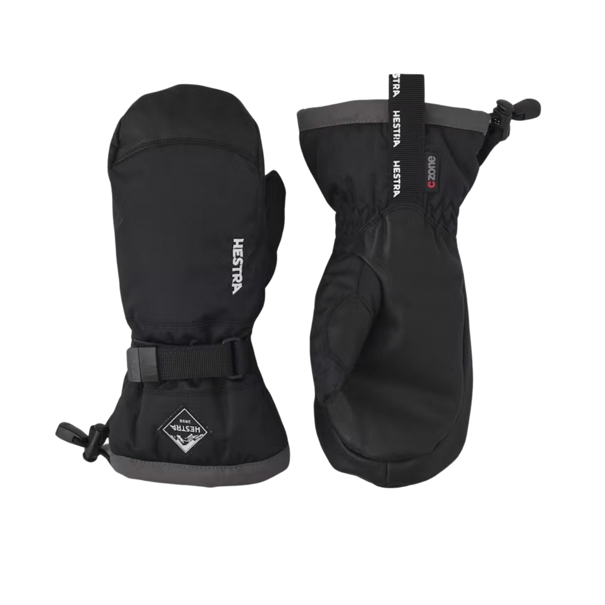 HESTRA JUNIOR GAUNTLET CZONE MITT - BLACK/GRAPHITE - FRONT/BACK VIEW