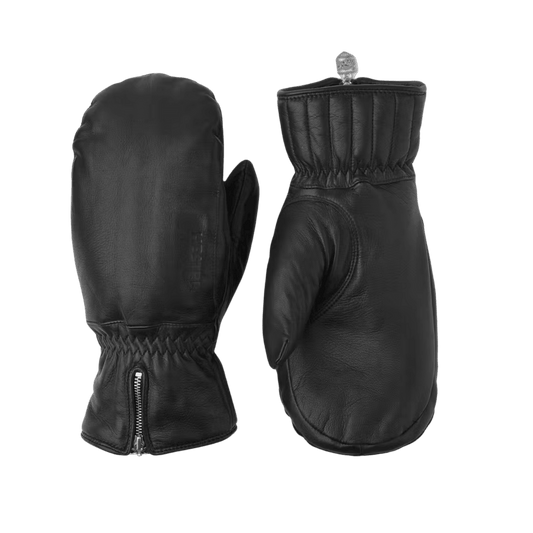 HESTRA MEN'S LEATHER SWISSWOOL CLASSIC MITT - BLACK - FRONT/BACK VIEW