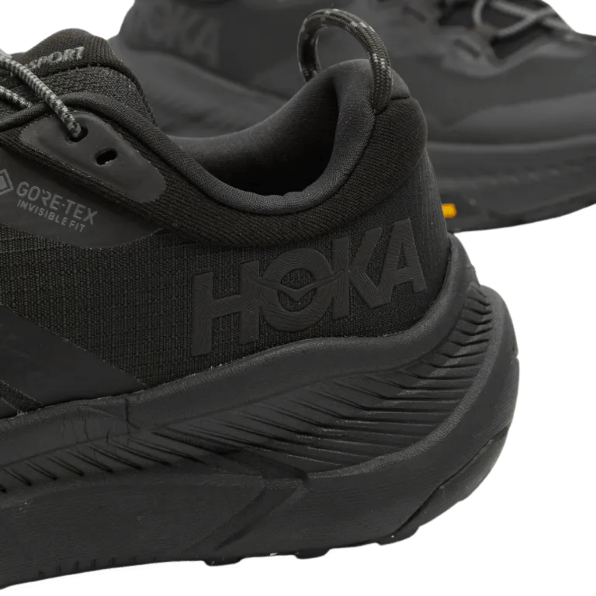 HOKA ONE ONE TRANSPORT GTX - BLACK/BLACK ZOOMED BACK ANGLE