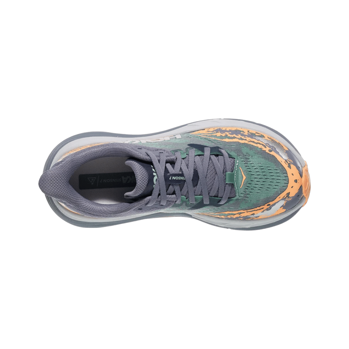 HOKA ONE ONE WOMENS STINSON 7 - GREY SKIES/PALE TANGERINE TOP VIEW