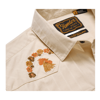 HOWLER BROTHERS CROSSCUT DELUXE SHORTSLEEVE SNAPSHIRT - OFF WHITE DOBBY - EMBROIDERY CLOSE UP