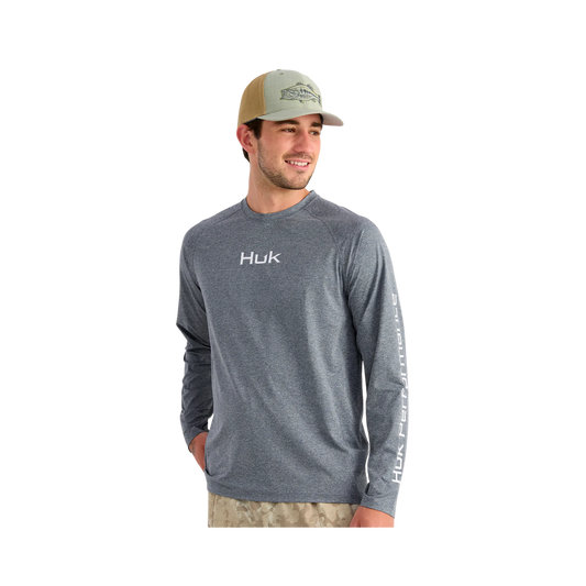 HUK AIRWEIGHT L/S CREW STORM BLUE HEATHER