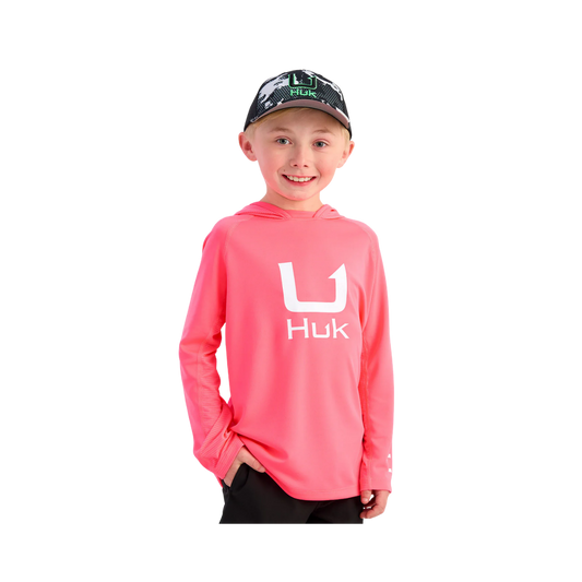 HUK YTH ICON HOODIE NEON CORAL