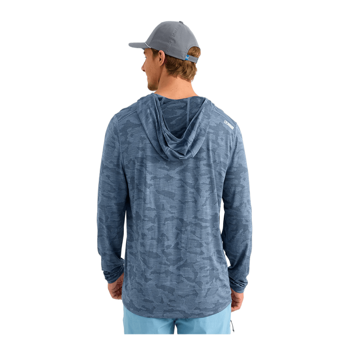 HUK A1A PRO HOODIE - STORMY BLUE CAMO - BACK VIEW