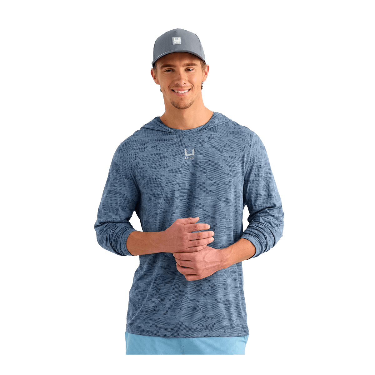 HUK A1A PRO HOODIE - STORMY BLUE CAMO - FRONT VIEW