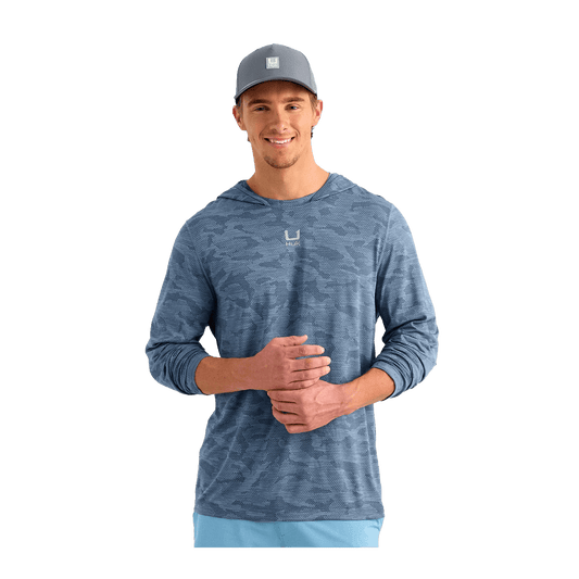 HUK A1A PRO HOODIE - STORMY BLUE CAMO - FRONT VIEW