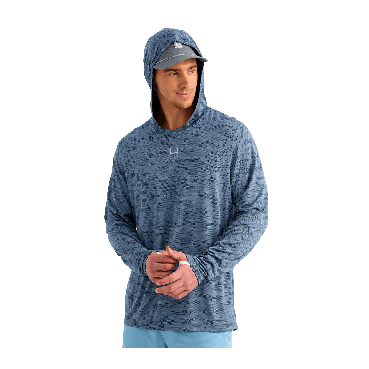 HUK A1A PRO HOODIE - STORMY BLUE CAMO - HOODED VIEW