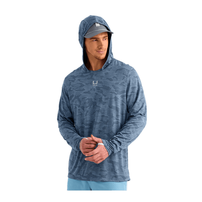 HUK A1A PRO HOODIE - STORMY BLUE CAMO - HOODED VIEW