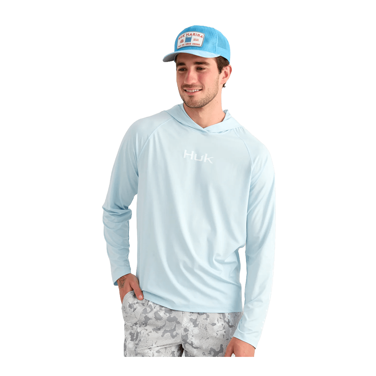 HUK AIRWEIGHT LONG SLEEEVE HOODIE - COASTAL DRIFT HEATHER - FRONT VIEW