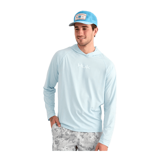 HUK AIRWEIGHT LONG SLEEEVE HOODIE - COASTAL DRIFT HEATHER - FRONT VIEW