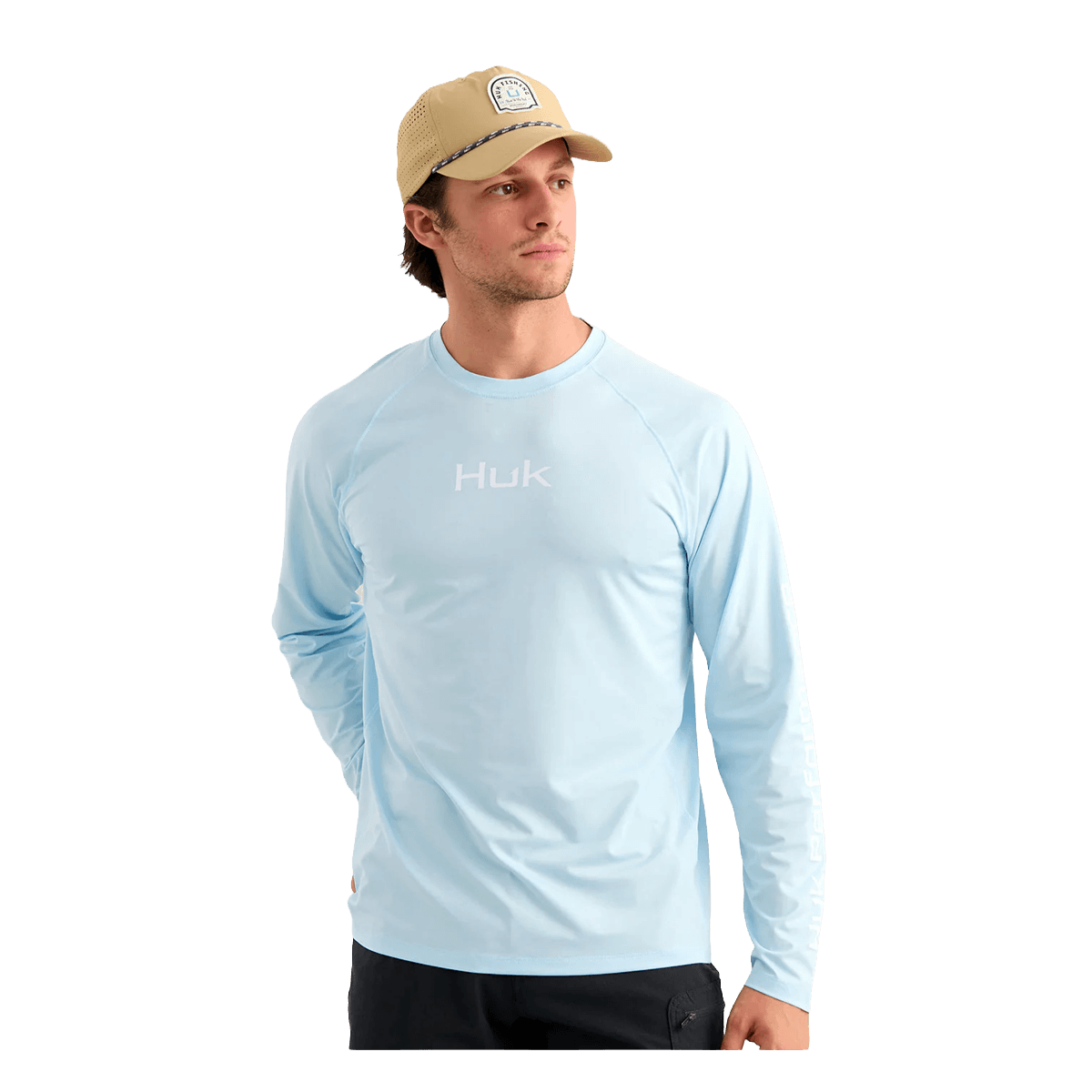HUK AIRWEIGHT LONG SLEEVE CREW - COASTAL DRFIT HEATHER- FRONT VIEW