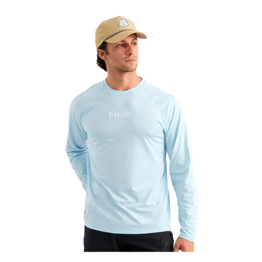 HUK AIRWEIGHT LONG SLEEVE CREW - COASTAL DRFIT HEATHER- FRONT VIEW
