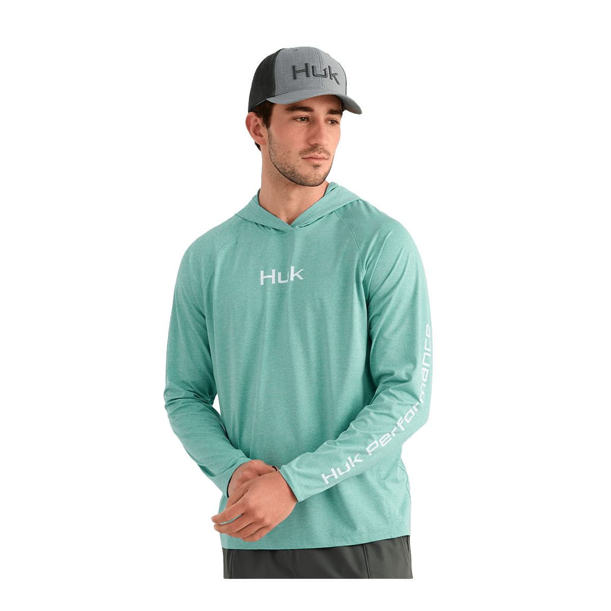 HUK AIRWEIGHT LONG SLEEVE HOODIE - MARINE BLUE HEATHER- FRONT VIEW