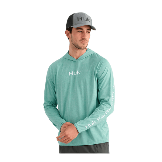HUK AIRWEIGHT LONG SLEEVE HOODIE - MARINE BLUE HEATHER- FRONT VIEW
