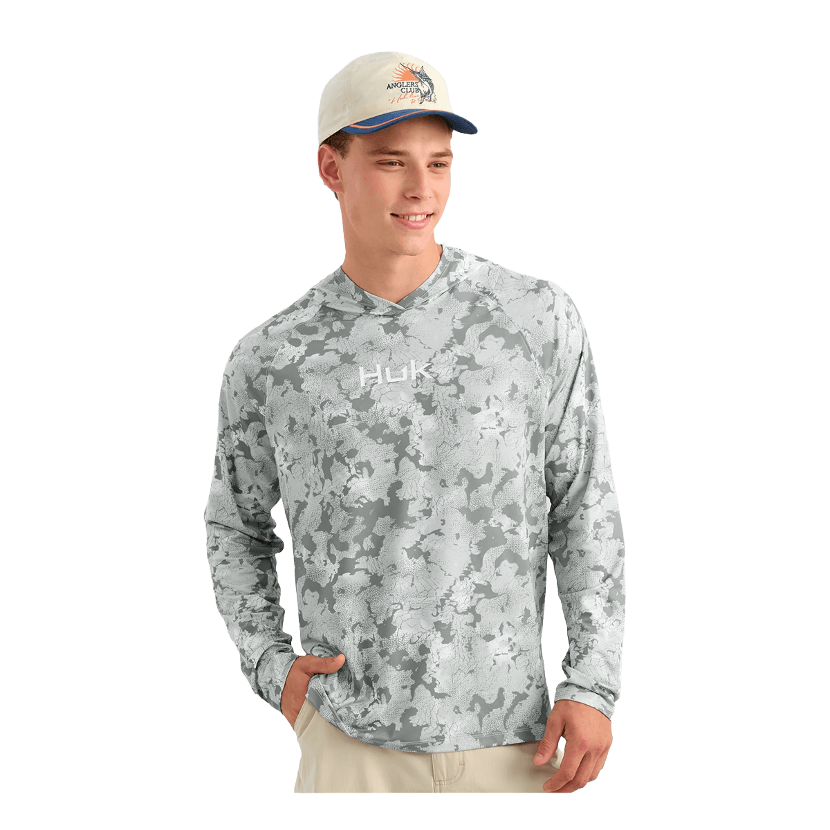 HUK AIRWEIGHT PRINTED HOODIE - SHARKSKIN ESTUARY CAMO - FRONT VIEW