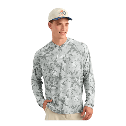 HUK AIRWEIGHT PRINTED HOODIE - SHARKSKIN ESTUARY CAMO - FRONT VIEW