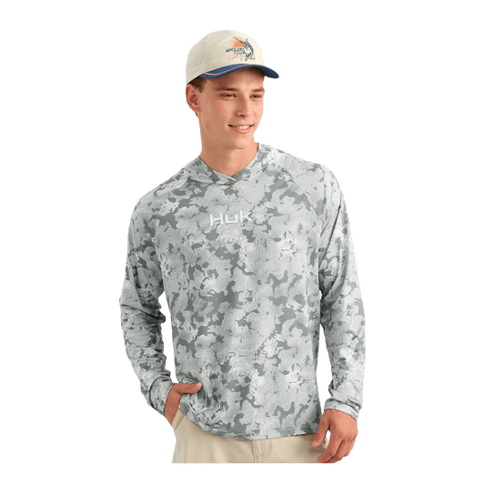 HUK AIRWEIGHT PRINTED HOODIE - SHARKSKIN ESTUARY CAMO - FRONT VIEW