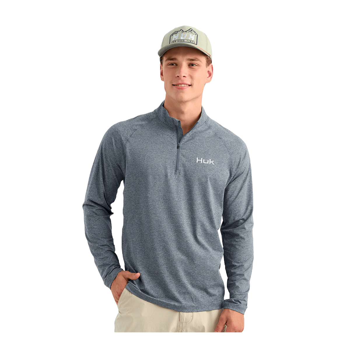 HUK AIRWEIGHT QUART ZIP - STORMY BLUE HEATHER - FRONT VIEW