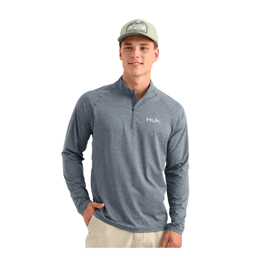 HUK AIRWEIGHT QUART ZIP - STORMY BLUE HEATHER - FRONT VIEW