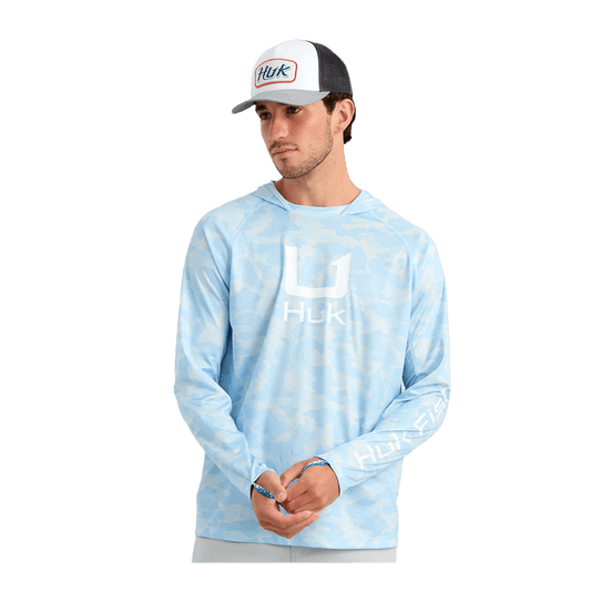 HUK ICON PRINTED LONG SLEEVE HOODIE - COASTAL DRIFT - FRONT VIEW