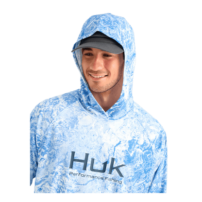 HUK MOSSY OAK PURSUIT PERFORMANCE HOODIE - REGATTA - HOODED VIEW