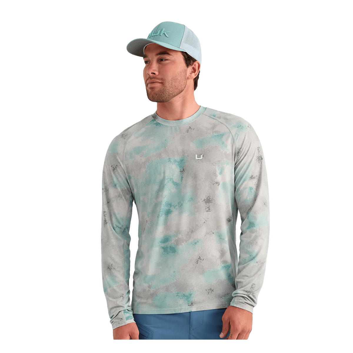 HUK WATERSHED PRINTED CREW - MINERAL BLUE - FRONT VIEW