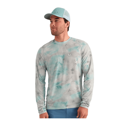 HUK WATERSHED PRINTED CREW - MINERAL BLUE - FRONT VIEW