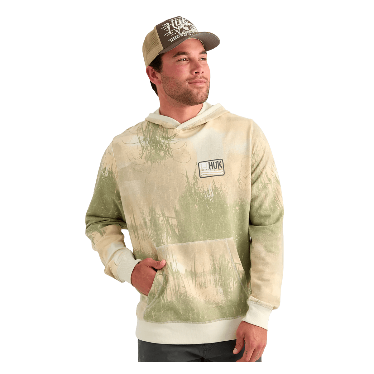 HUK EDISTO PRINTED TERRY HOODIE - SILVER BIRCH - FRONT VIEW