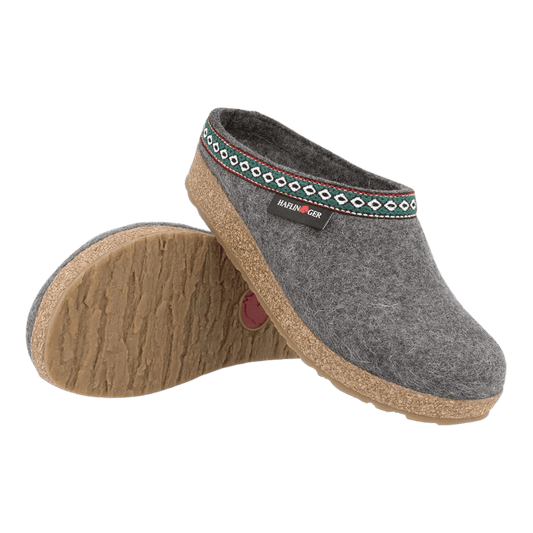 HAFLINGER WOMEN'S GZ GRIZZLY CLASSIC CLOG - GREY - SIDE AND OUTSOLE VIEW