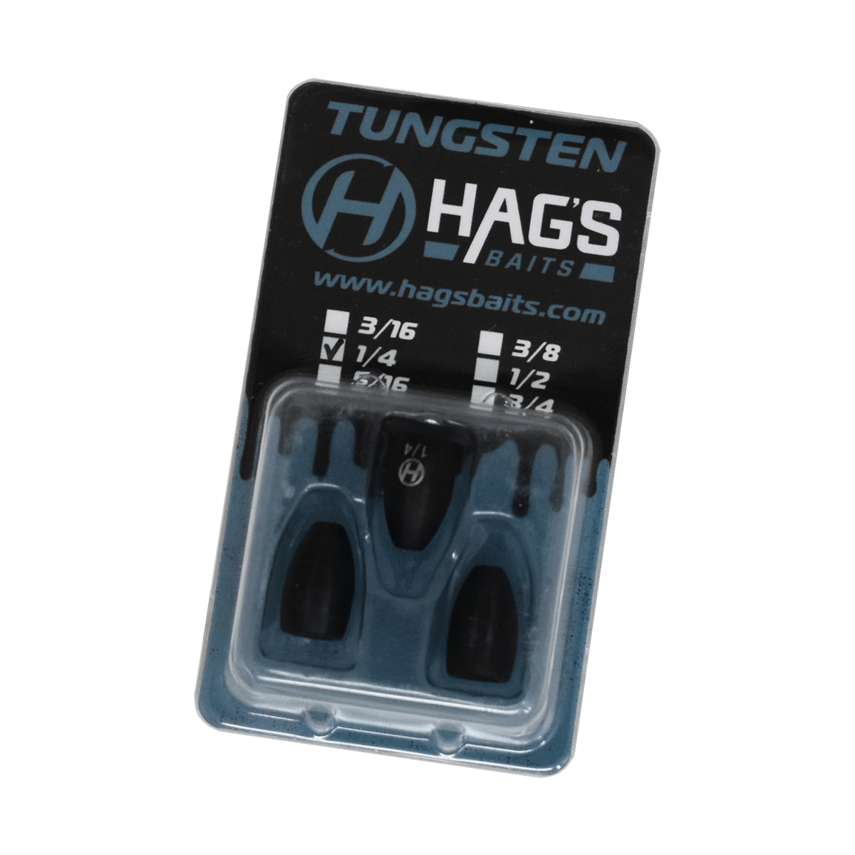Package of Hags Baits Tungsten Flipping Weights, size 114 oz, containing three black tungsten weights in a clear plastic case with blue and black branded backing card.