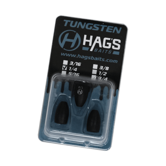 Package of Hags Baits Tungsten Flipping Weights, size 114 oz, containing three black tungsten weights in a clear plastic case with blue and black branded backing card.