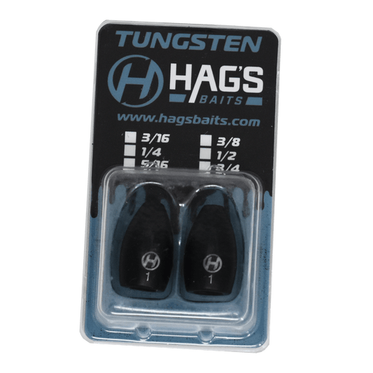 Package of Hags Baits Tungsten Flipping Weights, size 1 oz, containing two black tungsten weights in a clear plastic case with blue and black branded backing card.