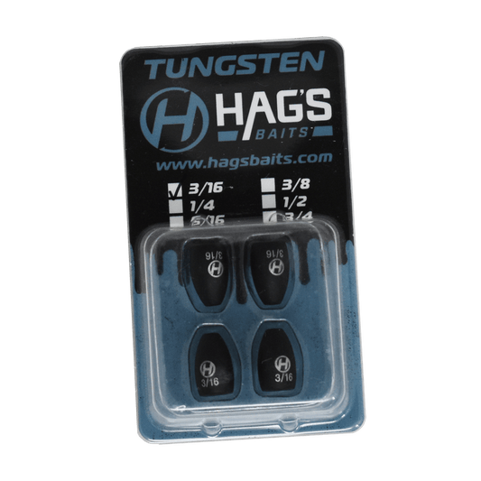 Package of Hags Baits Tungsten Flipping Weights, size 3/16 oz, containing four black tungsten weights in a clear plastic case with blue and black branded backing card.