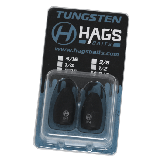 Package of Hags Baits Tungsten Flipping Weights, size 3/4 oz, containing two black tungsten weights in a clear plastic case with blue and black branded backing card.