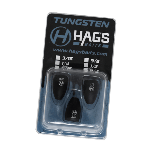 Package of Hags Baits Tungsten Flipping Weights, size 3/8 oz, containing three black tungsten weights in a clear plastic case with blue and black branded backing card.